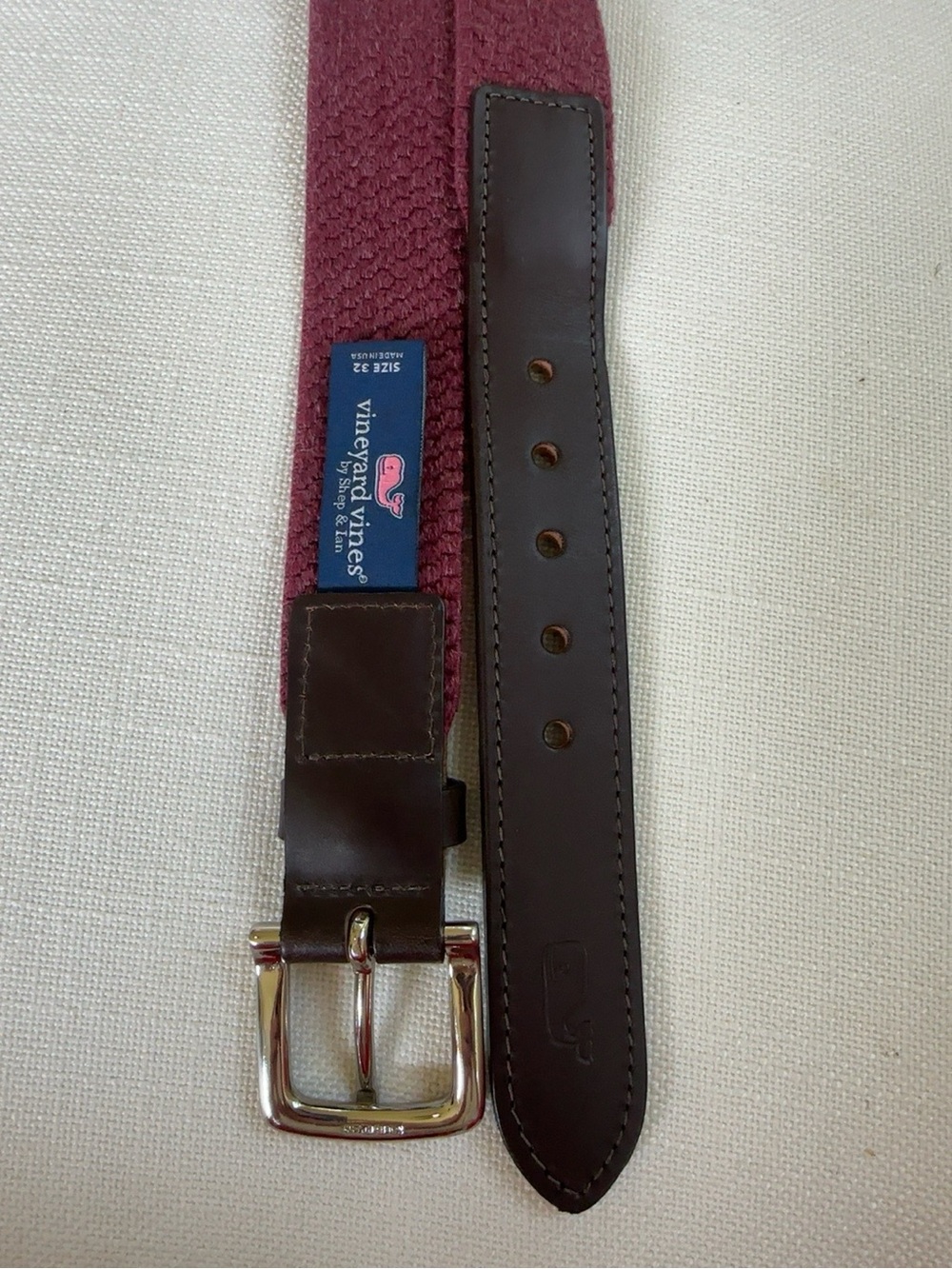 Vineyard Vines Burgundy Stretch Woven Belt Brown Leather Trim Size 32